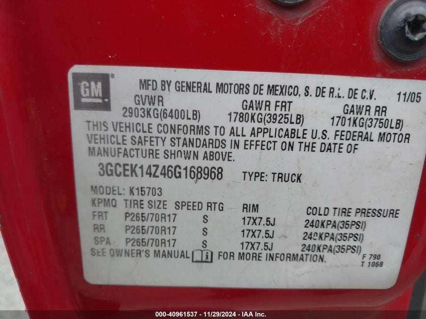 2006 CHEVROLET SILVERADO VIN: 3GCEK14Z46G168968