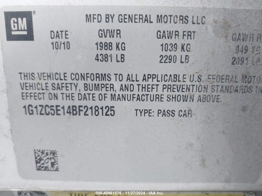 2011 CHEVROLET MALIBU VIN: 1G1ZC5E14BF218125