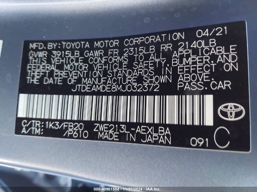 2021 TOYOTA COROLLA HYBRID LE - JTDEAMDE8MJ032372