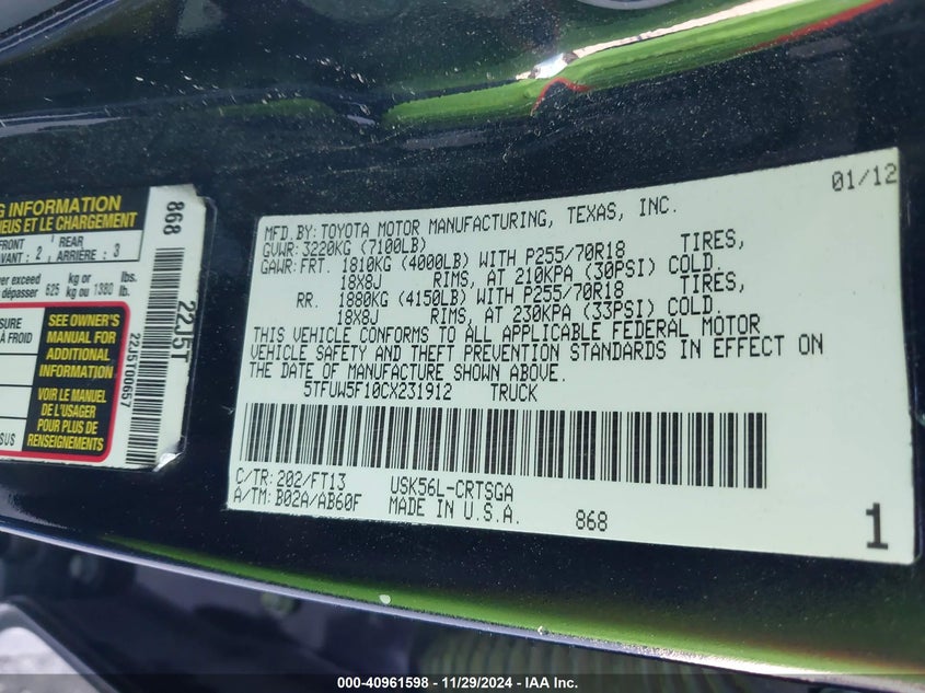 2012 TOYOTA TUNDRA VIN: 5TFUW5F10CX231912
