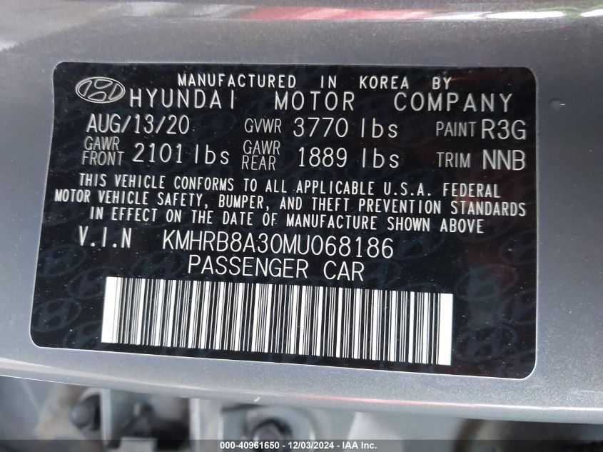 2021 Hyundai Venue Se VIN: KMHRB8A30MU068186 Lot: 40961650