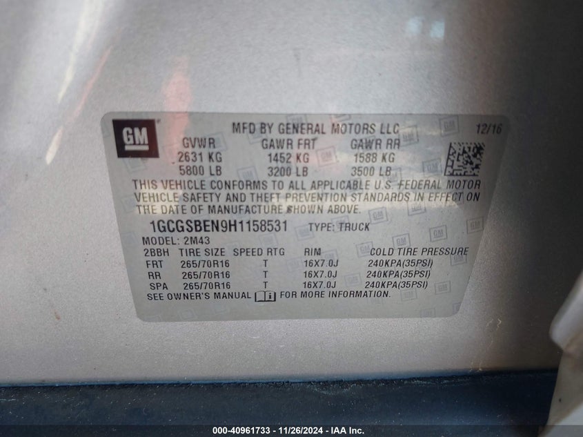 VIN 1GCGSBEN9H1158531 2017 CHEVROLET COLORADO WT