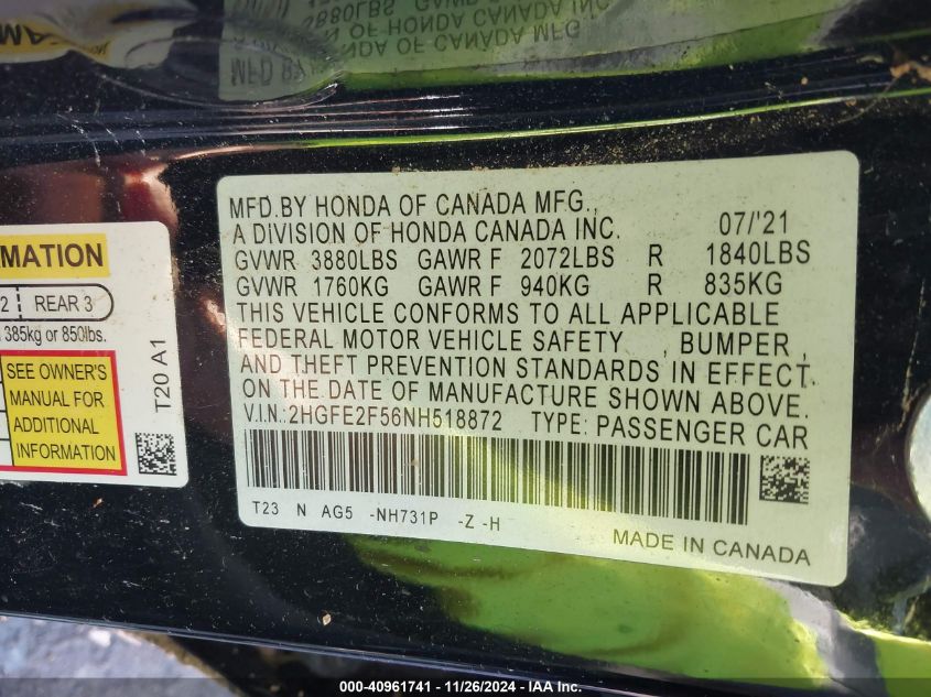 VIN 2HGFE2F56NH518872 2022 Honda Civic, Sport no.9