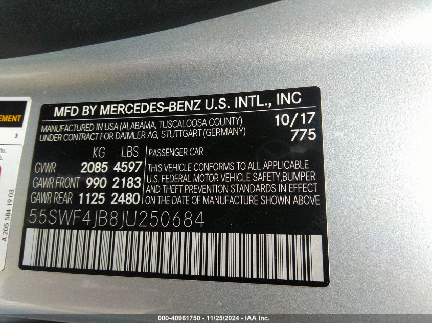 VIN 55SWF4JB8JU250684 2018 MERCEDES-BENZ C 300 no.9