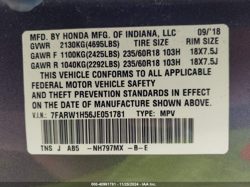 2018 Honda Cr-V Ex VIN: 7FARW1H56JE051781 Lot: 40961781