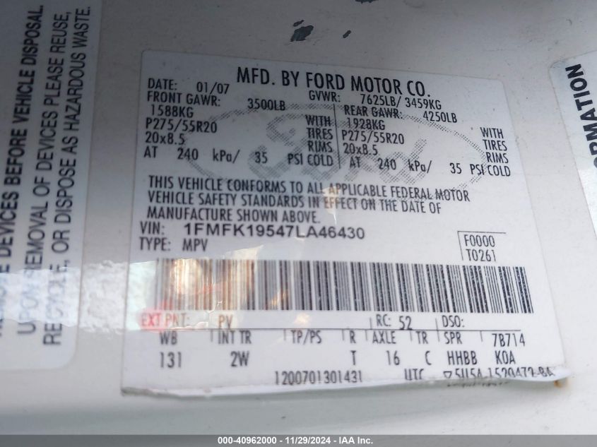 2007 Ford Expedition El Limited VIN: 1FMFK19547LA46430 Lot: 40962000