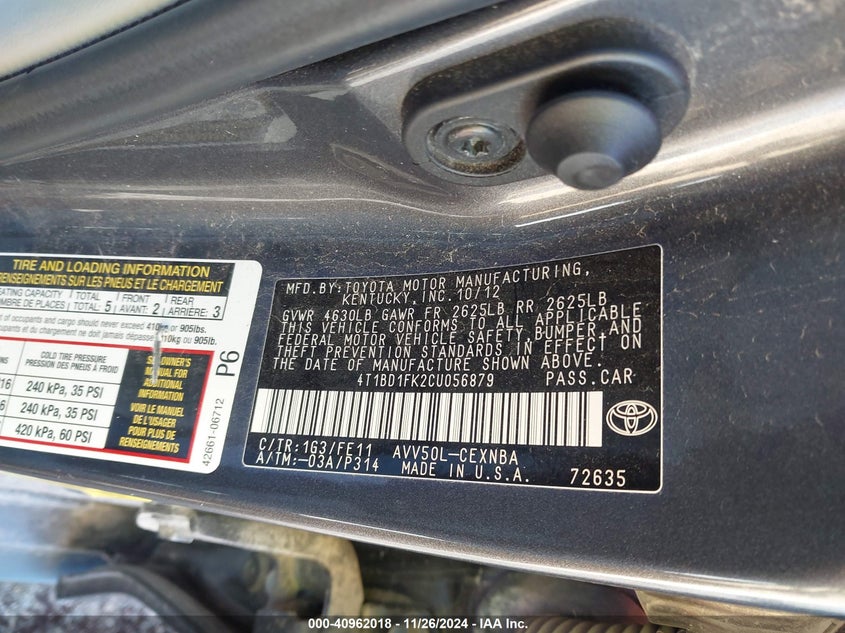 2012 TOYOTA CAMRY HYBRID VIN: 4T1BD1FK2CU056879