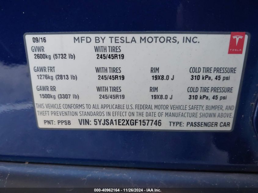 2016 Tesla Model S 60D/70D/75D/85D/90D VIN: 5YJSA1E2XGF157746 Lot: 40962164