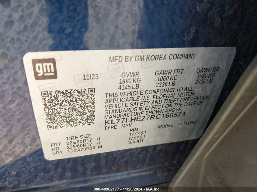 VIN KL77LHE27RC166524 2024 CHEVROLET TRAX FWD LT