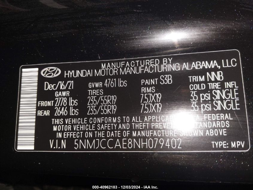 VIN 5NMJCCAE8NH079402 2022 HYUNDAI TUCSON no.9