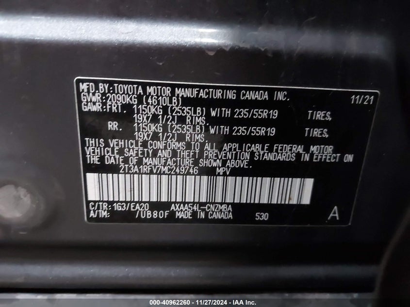 2021 TOYOTA RAV4 XLE PREMIUM VIN: 2T3A1RFV7MC249746