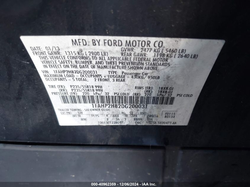 VIN 1FAHP2H82DG200031 2013 Ford Taurus, Sel no.9