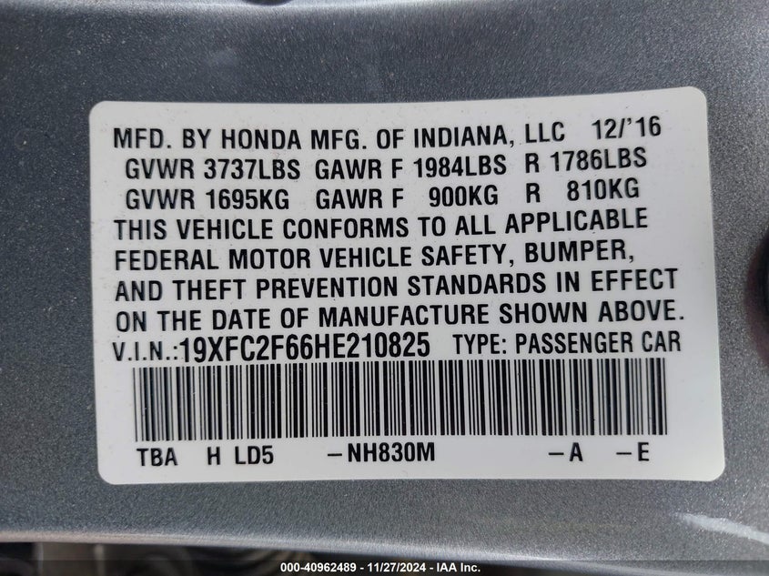 VIN 19XFC2F66HE210825 2017 HONDA CIVIC LX