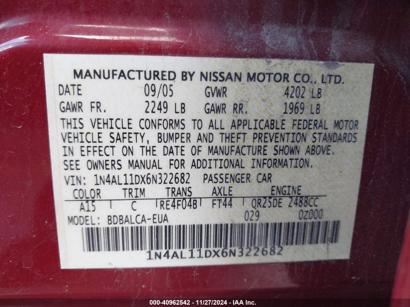 2006 Nissan Altima 2.5 S VIN: 1N4AL11DX6N322682 Lot: 40962542