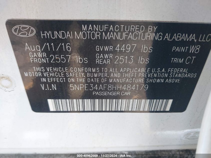 VIN 5NPE34AF8HH484179 2017 Hyundai Sonata, Sport no.9