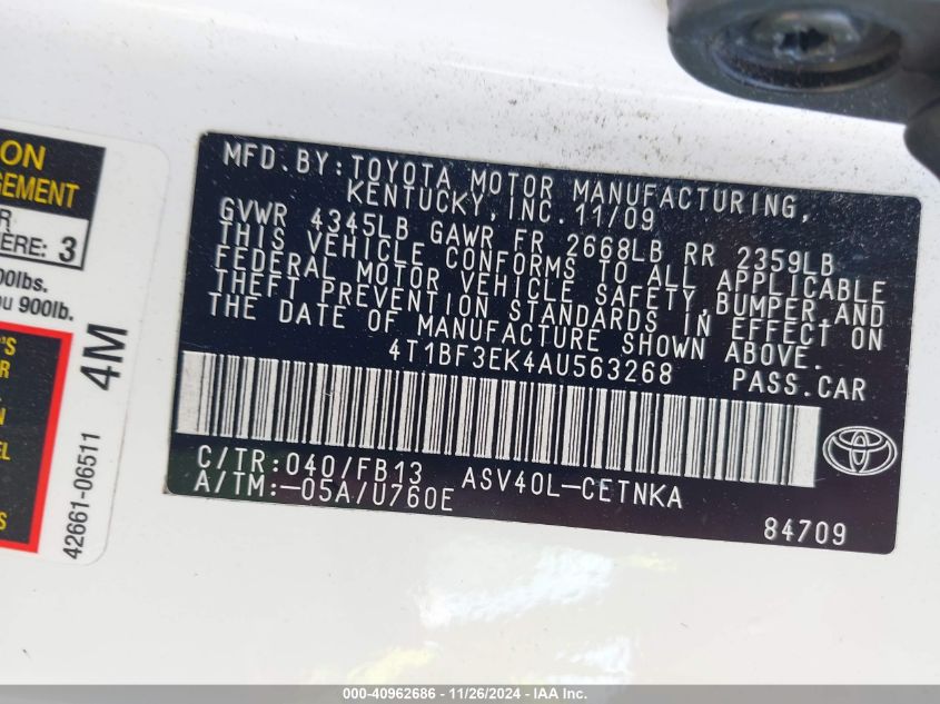 2010 Toyota Camry VIN: 4T18F3EK4A0563268 Lot: 40962686