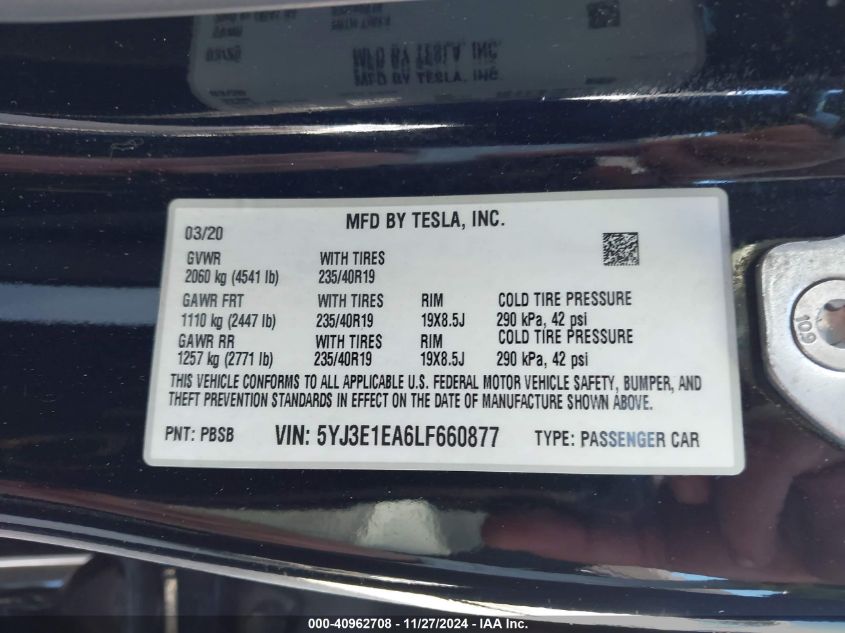 VIN 5YJ3E1EA6LF660877 2020 Tesla Model 3 no.9