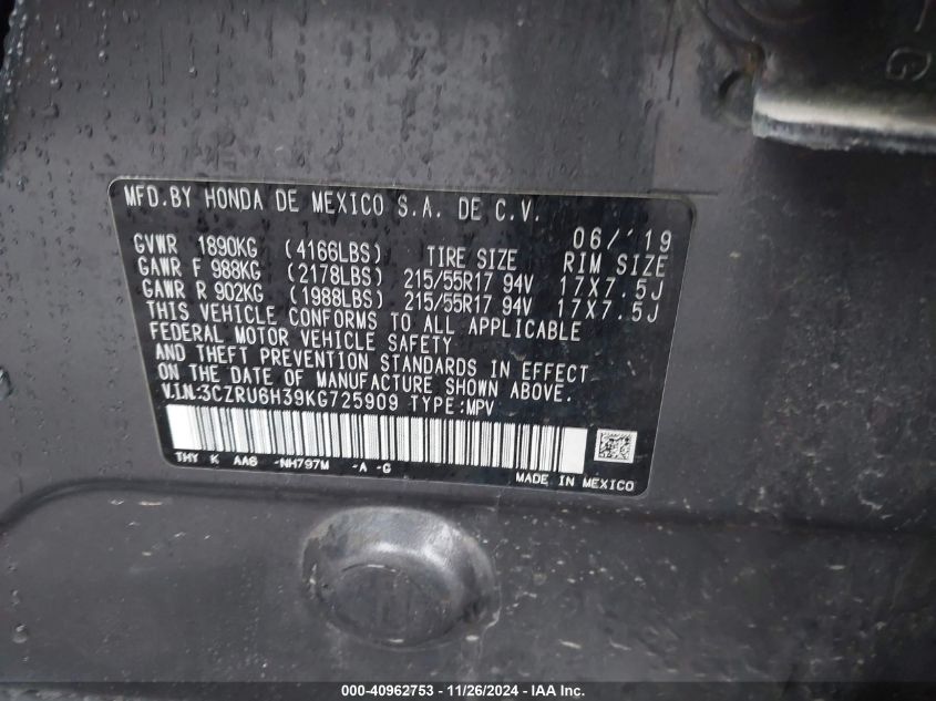 VIN 3CZRU6H39KG725909 2019 HONDA HR-V LX