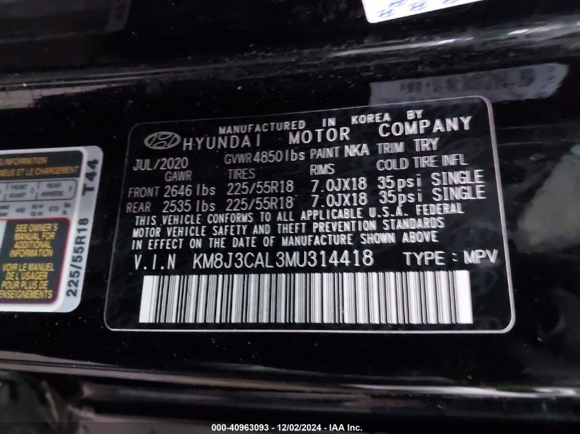 VIN KM8J3CAL3MU314418 2021 Hyundai Tucson, Ultimate no.9