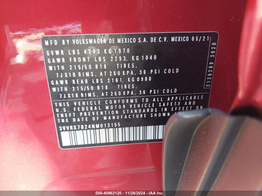VIN 3VVRX7B24NM013155 2022 VOLKSWAGEN TAOS 1.5T SE