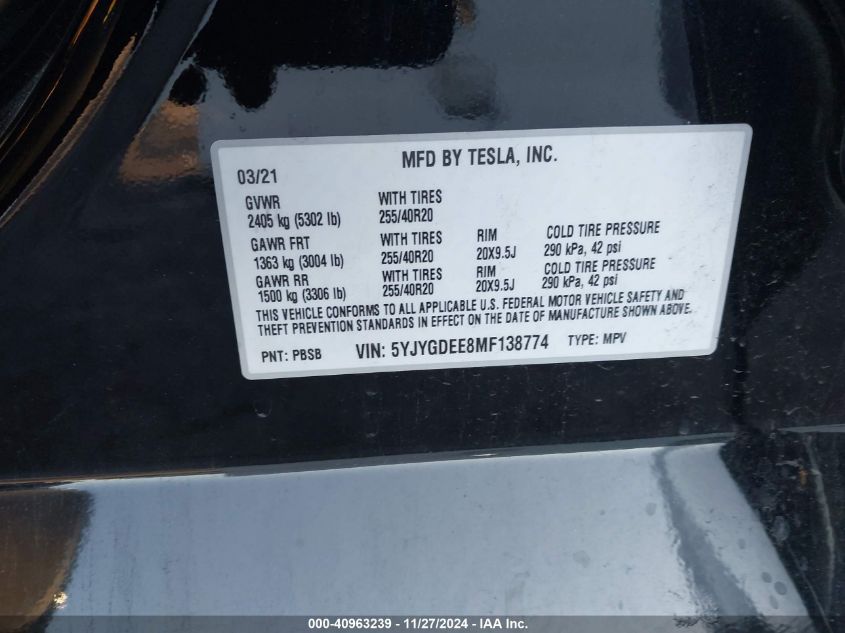 VIN 5YJYGDEE8MF138774 2021 TESLA MODEL Y no.9