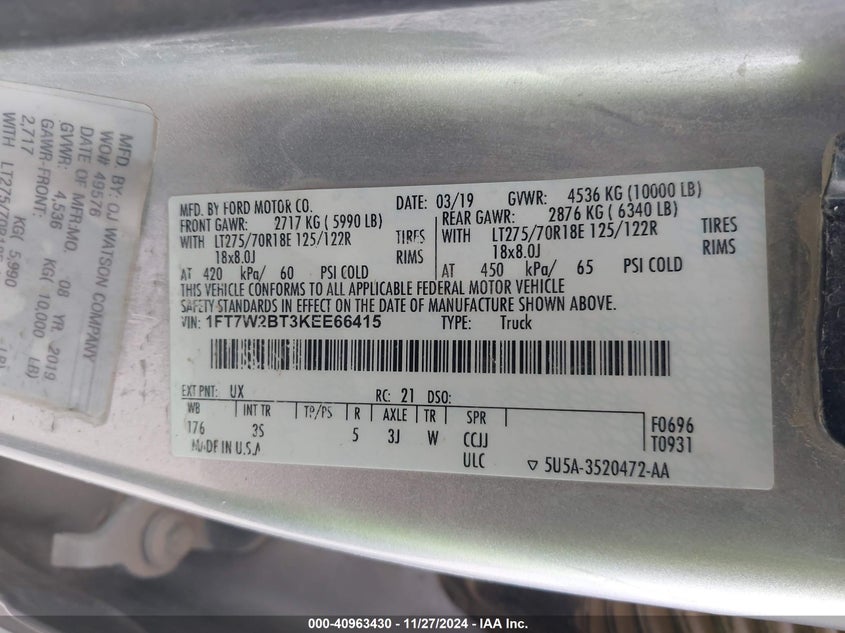 2019 FORD F-250 XLT - 1FT7W2BT3KEE66415