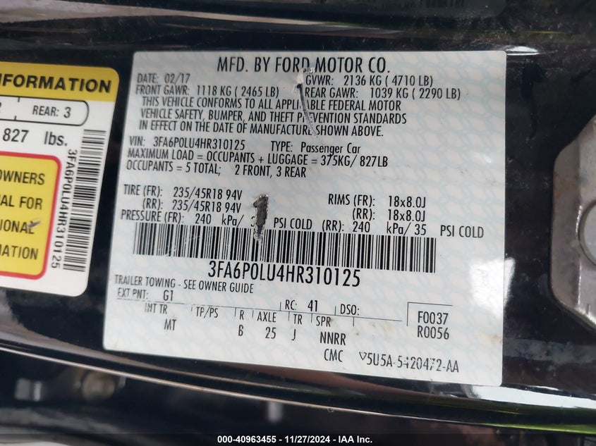 VIN 3FA6P0LU4HR310125 2017 FORD FUSION HYBRID SE