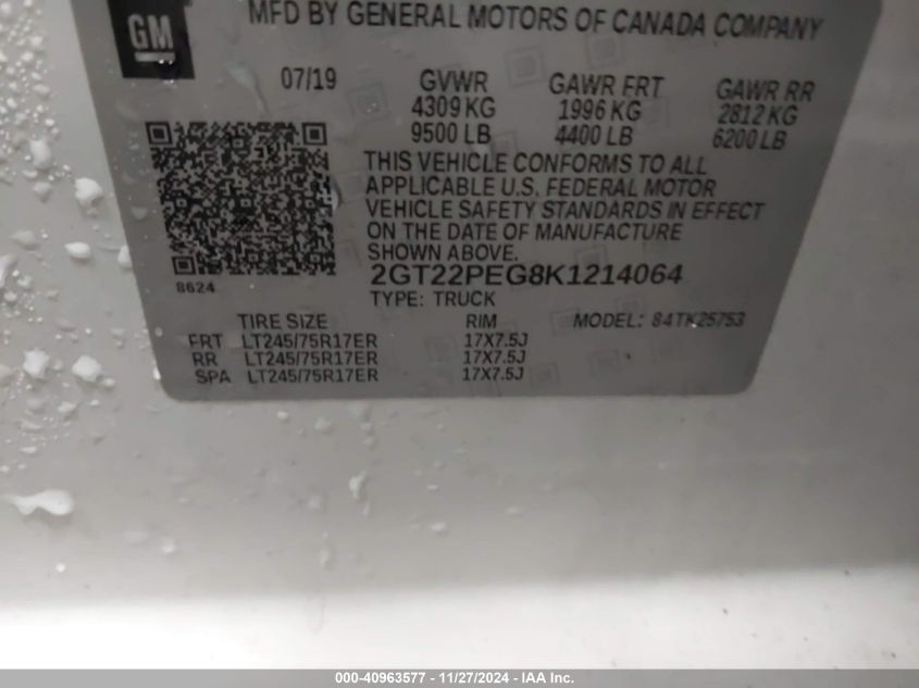 VIN 2GT22PEG8K1214064 2019 GMC Sierra, 2500hd Sle no.9