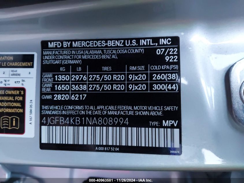 VIN 4JGFB4KB1NA808994 2022 Mercedes-Benz GLE 350, 4... no.9