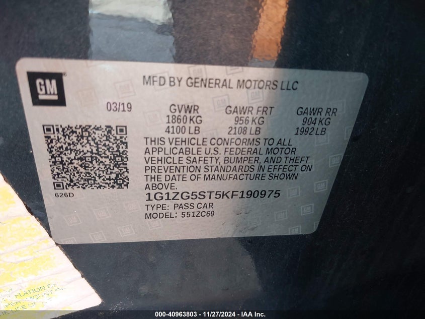 2019 CHEVROLET MALIBU VIN: 1G1ZG5ST5KF190975