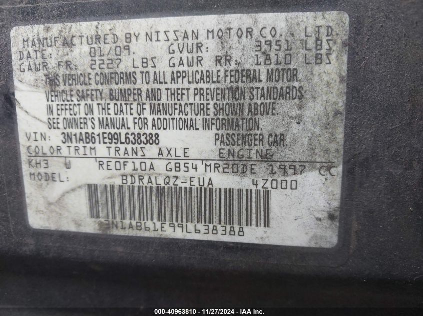 2009 Nissan Sentra 2.0 VIN: 3N1AB61E99L638388 Lot: 40963810