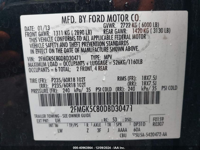 VIN 2FMGK5C80DBD30471 2013 Ford Flex, Sel no.9