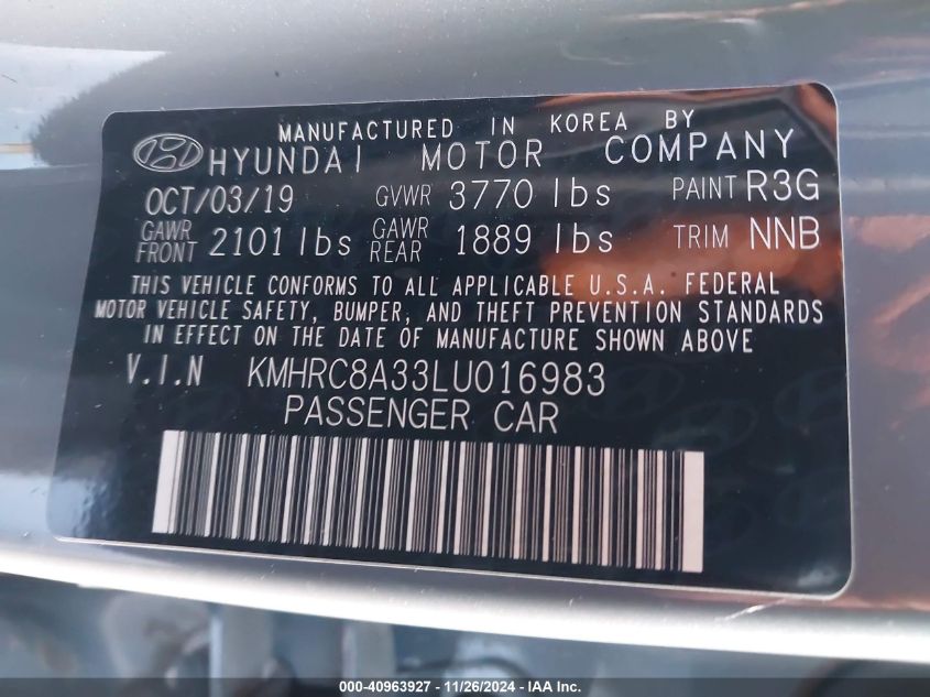 2020 Hyundai Venue Sel VIN: KMHRC8A33LU016983 Lot: 40963927