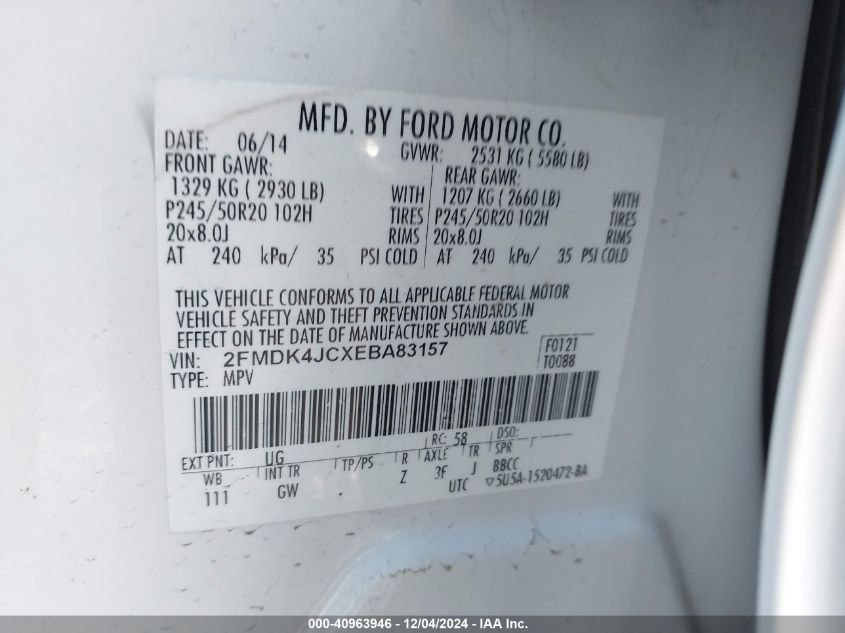 VIN 2FMDK4JCXEBA83157 2014 Ford Edge, Sel no.9