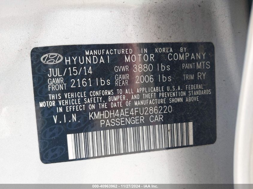 VIN KMHDH4AE4FU286220 2015 Hyundai Elantra, SE no.9