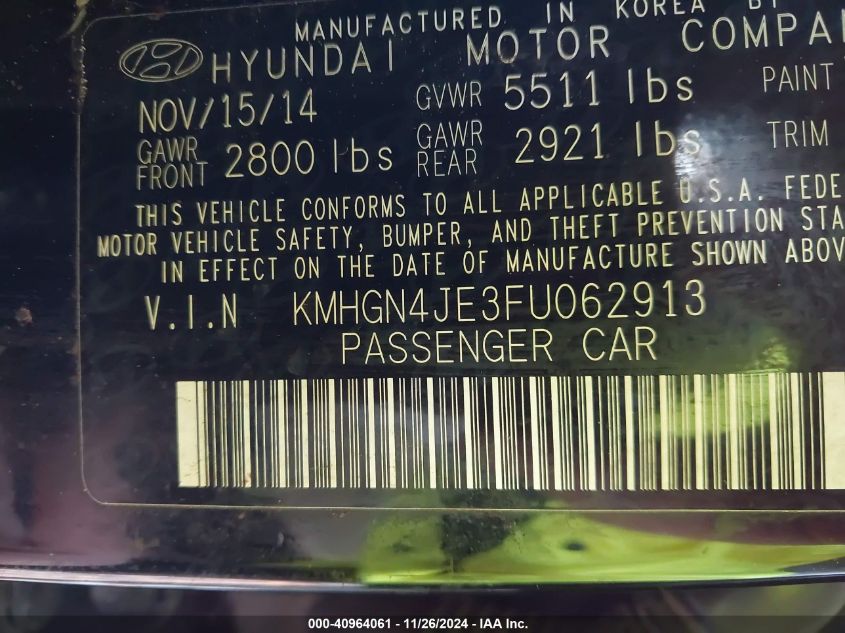 VIN KMHGN4JE3FU062913 2015 Hyundai Genesis, 3.8 no.9