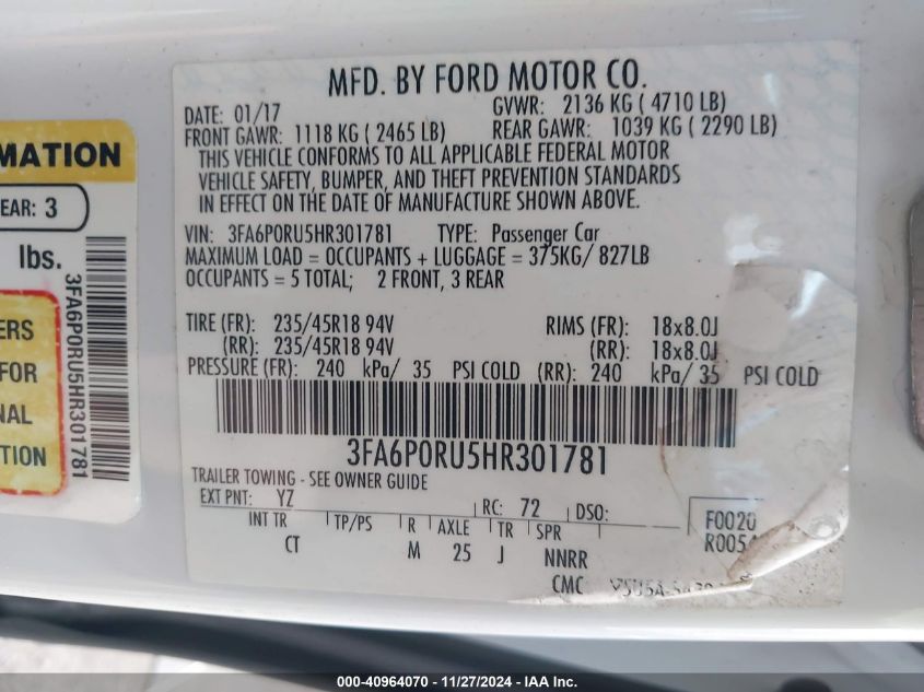 VIN 3FA6P0RU5HR301781 2017 Ford Fusion, Hybrid Tita... no.9