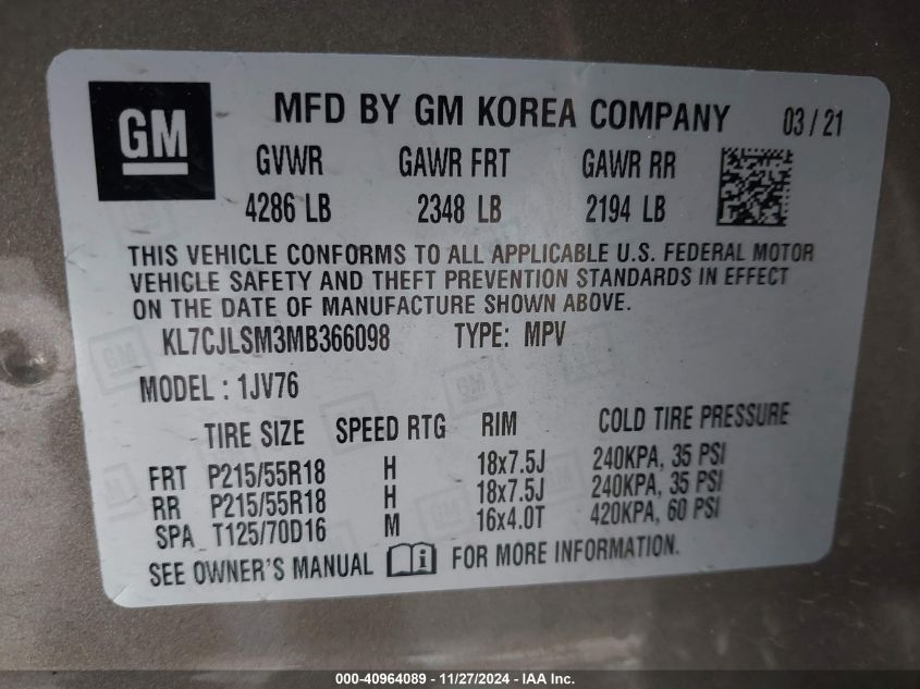 VIN KL7CJLSM3MB366098 2021 Chevrolet Trax, Fwd Lt no.9