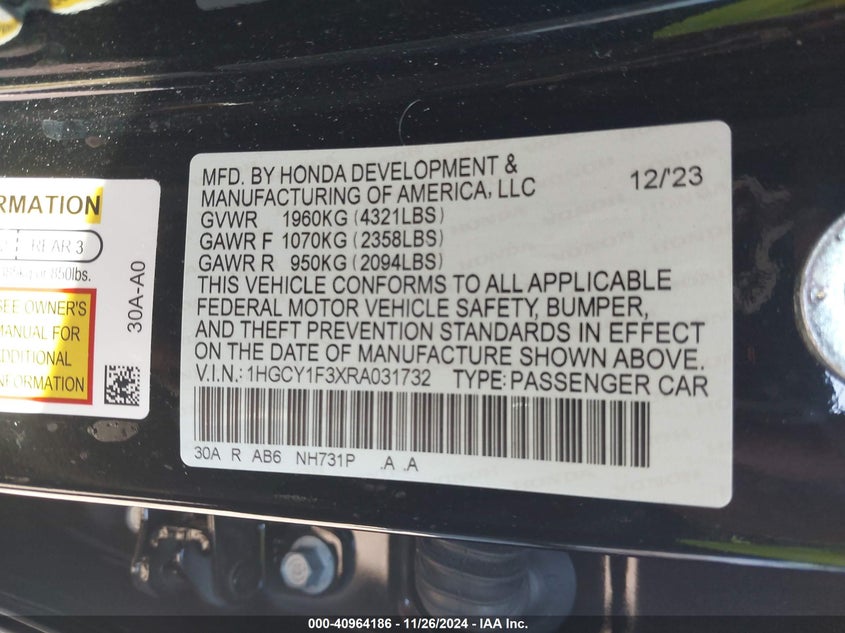 2024 HONDA ACCORD VIN: 1HGCY1F3XRA031732