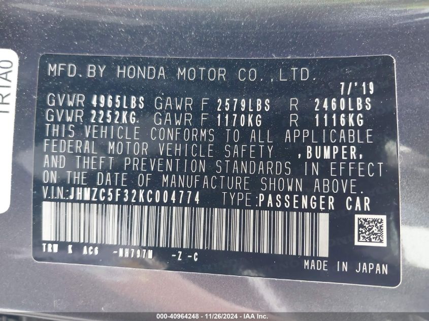 VIN JHMZC5F32KC004774 2019 Honda Clarity, Plug-In H... no.9