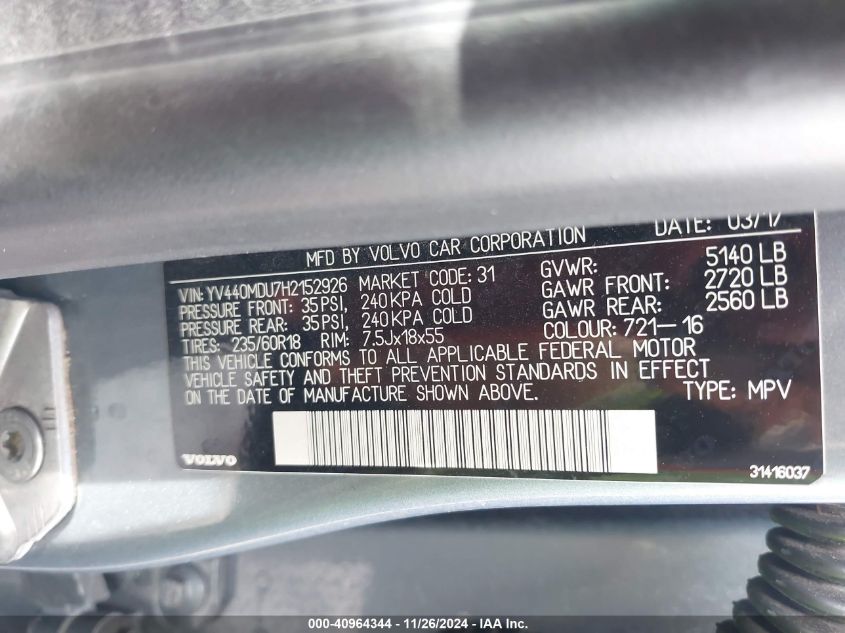 VIN YV440MDU7H2152926 2017 Volvo XC60, T5 Inscription no.9