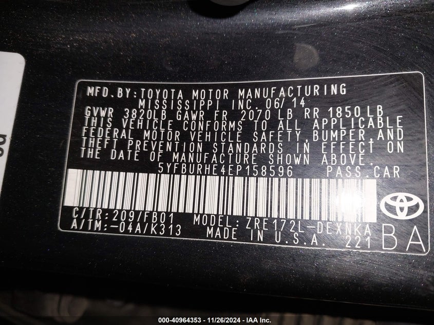 2014 TOYOTA COROLLA LE - 5YFBURHE4EP158596