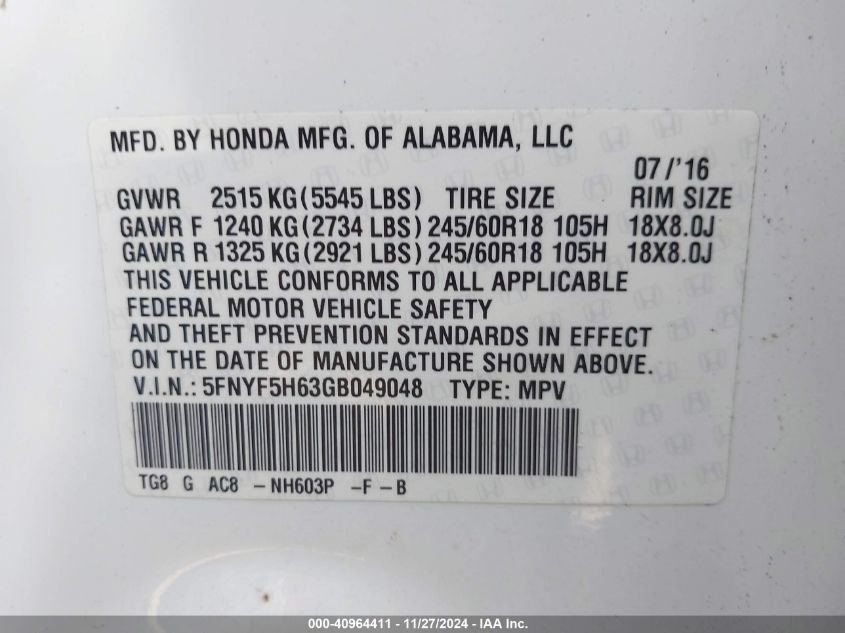 VIN 5FNYF5H63GB049048 2016 Honda Pilot, Ex-L no.9