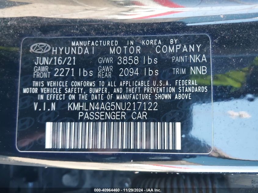 2022 Hyundai Elantra Sel VIN: KMHLN4AG5NU217122 Lot: 40964460