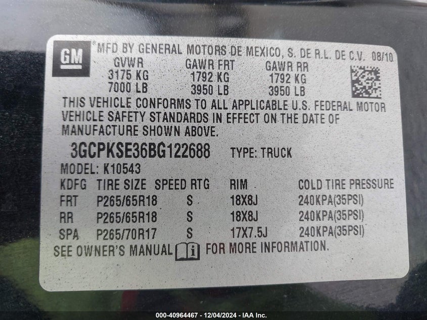 2011 CHEVROLET SILVERADO VIN: 3GCPKSE36BG122688