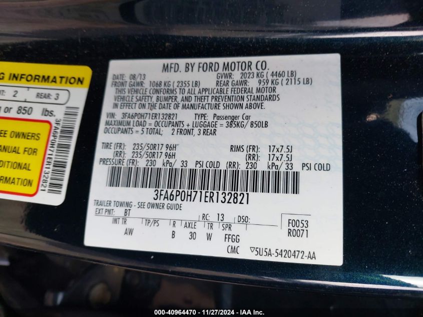 VIN 3FA6P0H71ER132821 2014 Ford Fusion, SE no.9