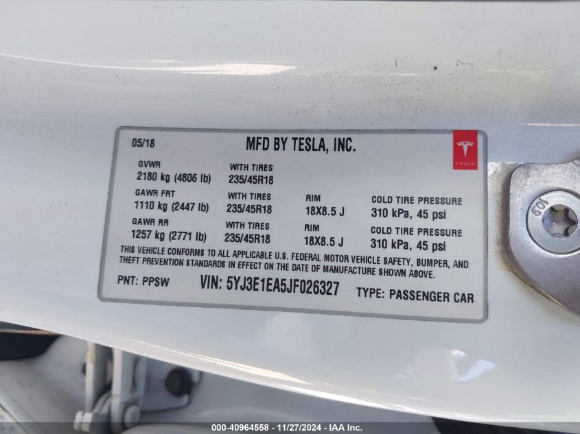 2018 TESLA MODEL 3 LONG RANGE/MID RANGE - 5YJ3E1EA5JF026327