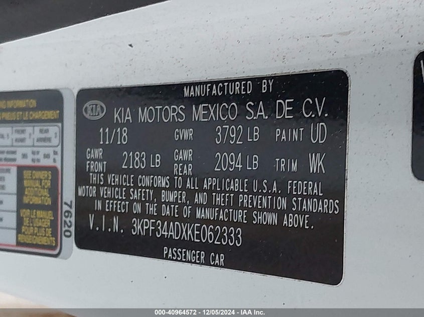 2019 KIA FORTE S - 3KPF34ADXKE062333