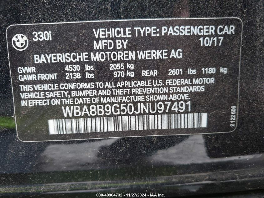 VIN WBA8B9G50JNU97491 2018 BMW 3 Series, 330I no.9