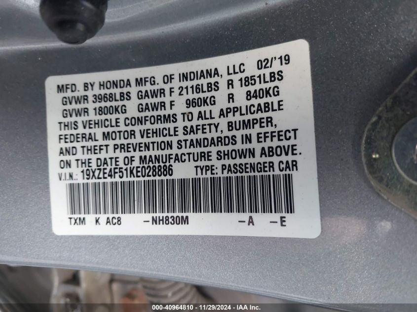 2019 Honda Insight Ex VIN: 19XZE4F51KE028886 Lot: 40964810